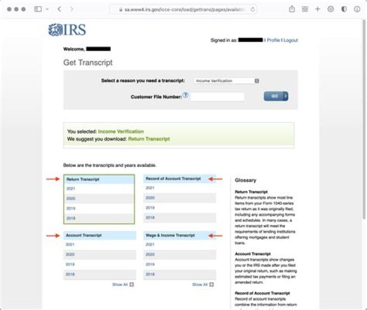 What is a record of account transcript from the IRS?